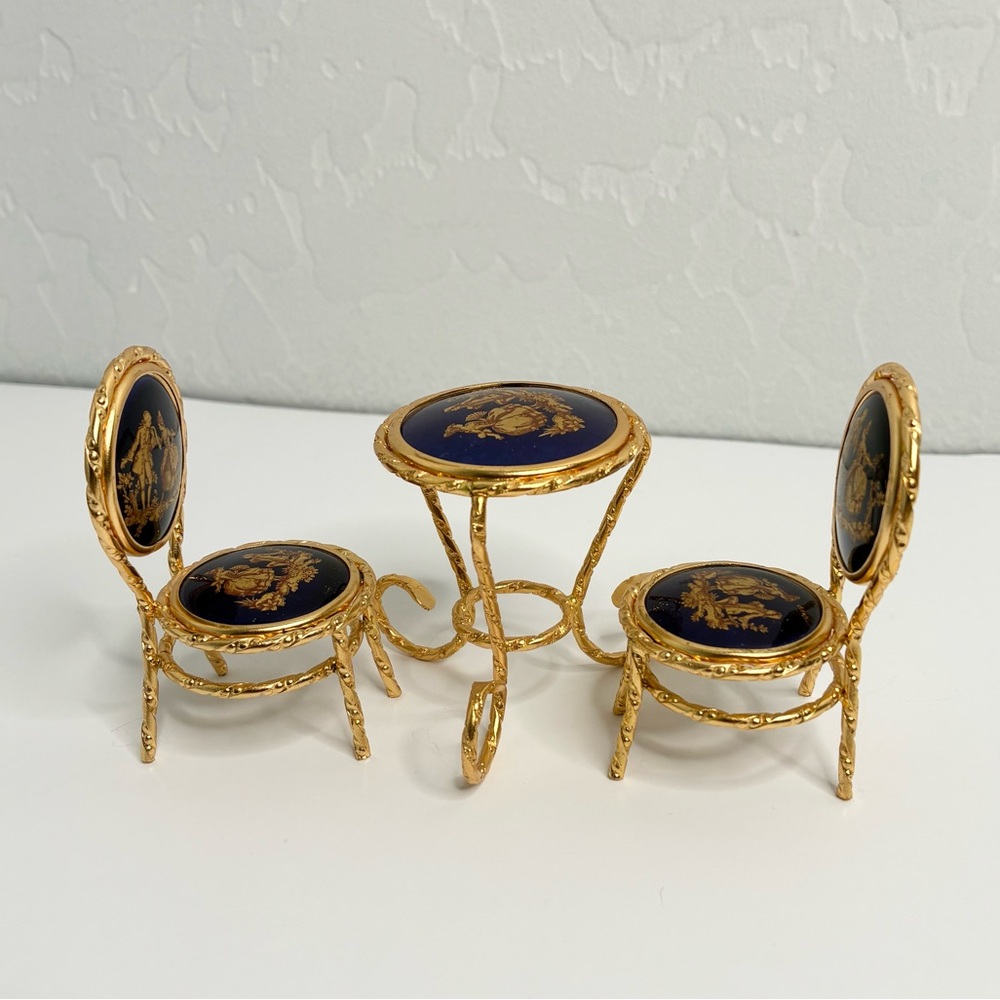 Limoges Miniature Figurines Porcelain Table With Two Chairs Cobalt Blue - No Box
